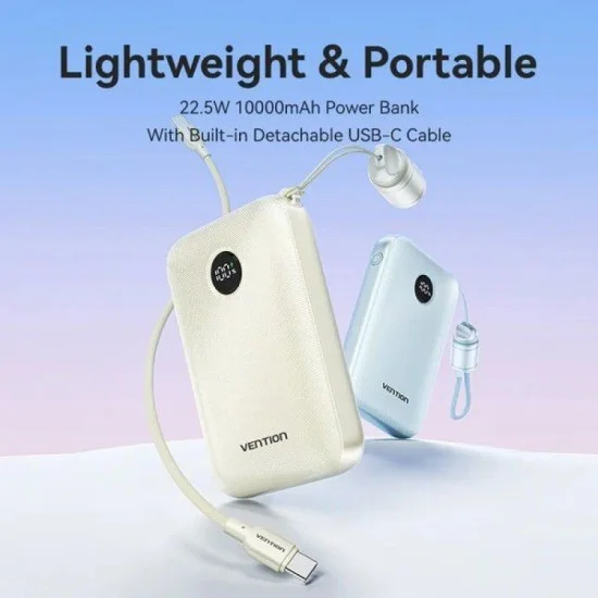 Vention power bank 10000mah (usb-c + usb-c/usb-c/usb-a) with built-in usb-c to usb-c cable 22.5w - beige